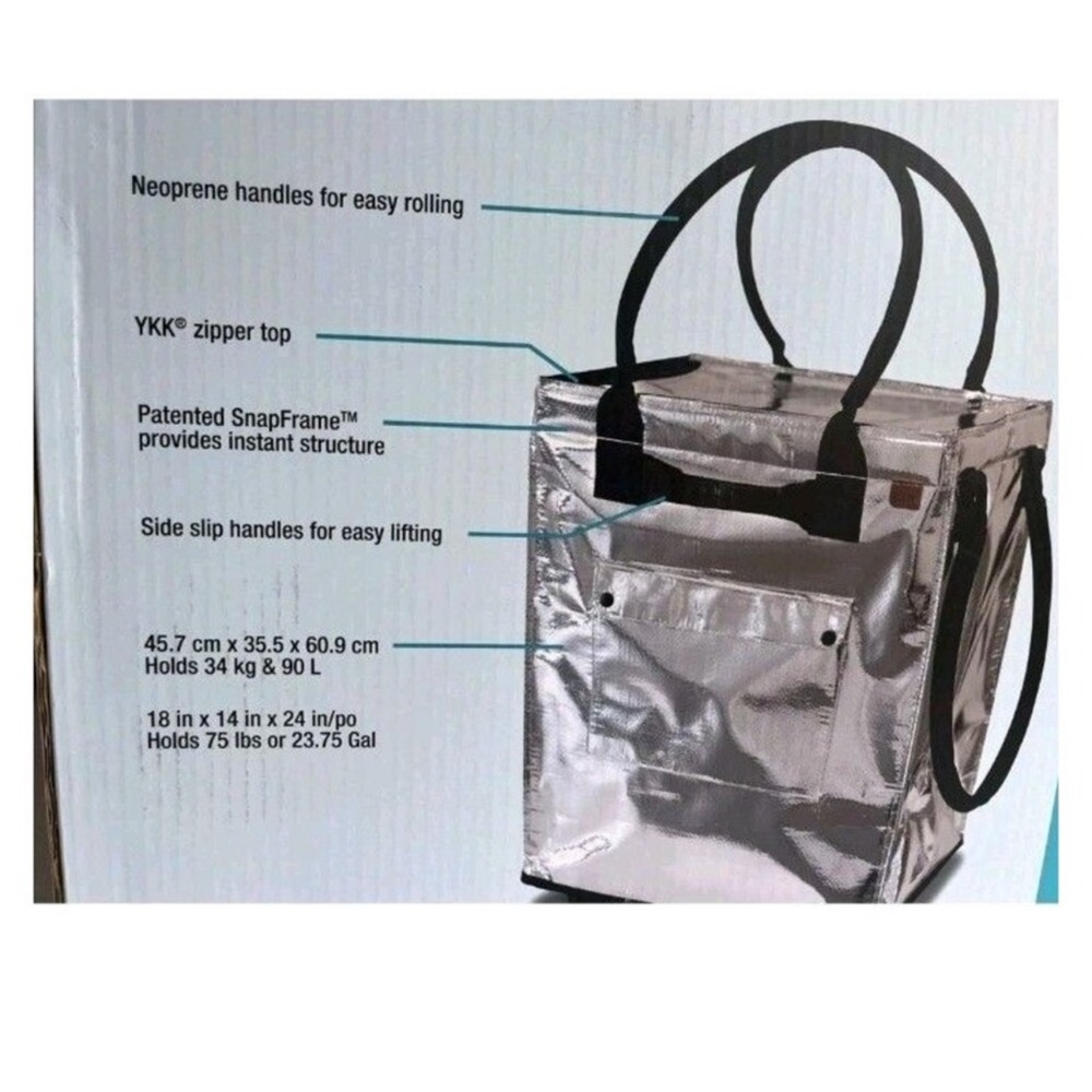CleverMade Foldable Rolling Tote Bag 18"W x 24"H Soft Grip 90L 75lb Silver New - Picture 3 of 3